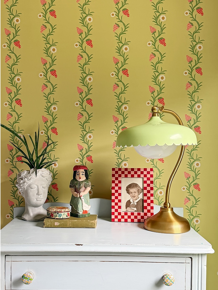 Colour Theory | Strawberry Fields Wallpaper | Colourway: Chartreuse & Red | Anything But Basic Collection | Gray Benko x Milton&King | Insitu