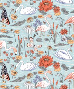 Pond Pattern Wallpaper featuring alligators, swans, flamingos and lily pads • Light • Swatch