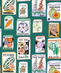 Seed Packets Wallpaper featuring watermelon, carrot, beet, beans, poppy, daisy • Teal • swatch