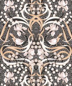 Bellbirds & Iris Wallpaper • Black Marble • Swatch