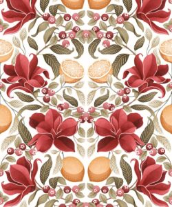 Lemons & Magnolia Wallpaper - Crimson & Olive Colorway - Swatch
